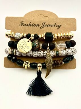 Fashion Jewelry Black/Gold Beaded Bracelet Stack Tassel/Wing & I Love You Charms